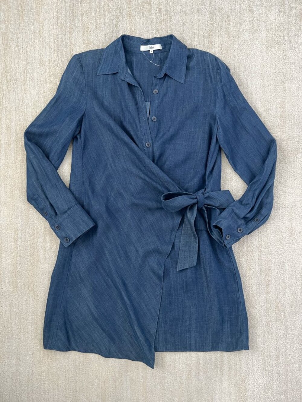 Tibi Blue Long Sleeve Chambray Wrap Cocktail Midi Dress 4